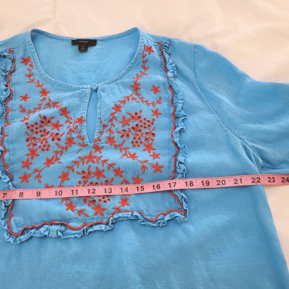 J. Crew Aqua Blue Red Embroidered 100% Linen Boho Peasant Hippie Tunic Blouse XL - Picture 9 of 10